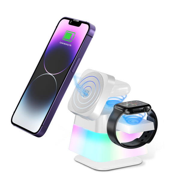 Dynamic view of a 4 In 1 Wireless Charger Stand showcasing a rotatable design with a color-changing night lamp and fast charging capability for iPhone 15, 14, 13, and 12 Pro Max.
