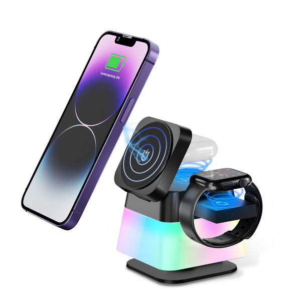 4 In 1 Wireless Charger Stand with a sleek design, featuring a colorful night lamp and fast charging for iPhone 15, 14, 13, and 12 Pro Max, demonstrating charging action.