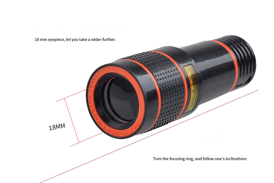 4 In 1 Smartphone Lens Attachments - Telephoto, Fisheye, Wide Angle & Macro Lens Set highlighting the 18mm eyepiece specification.