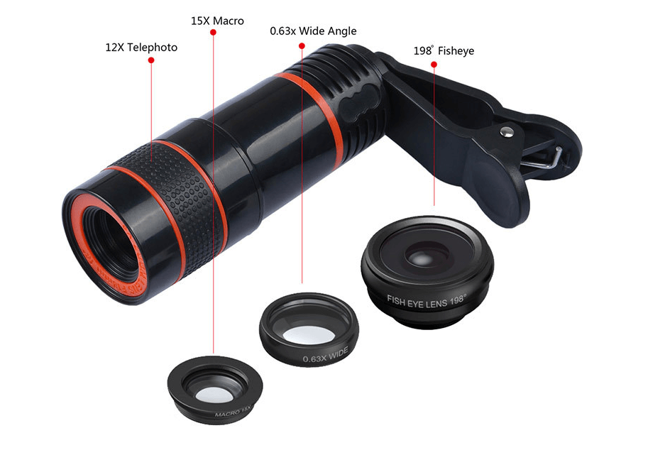 4 In 1 Smartphone Lens Attachments - Telephoto, Fisheye, Wide Angle & Macro Lens Set indicating telephoto lens functions and design.
