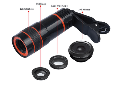 4 In 1 Smartphone Lens Attachments - Telephoto, Fisheye, Wide Angle & Macro Lens Set indicating telephoto lens functions and design.