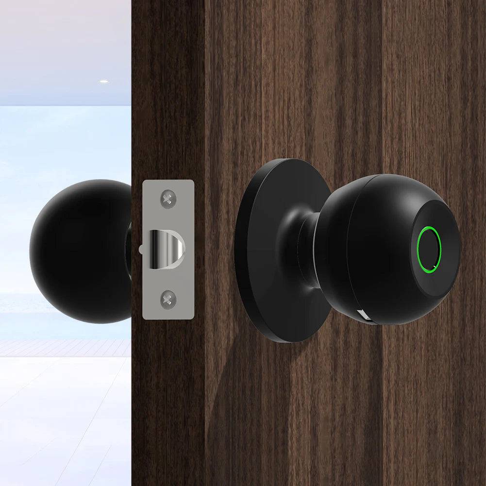 Black Smart Door Knob with illuminated fingerprint sensor installed on a wooden door. Enhances security with keyless access.