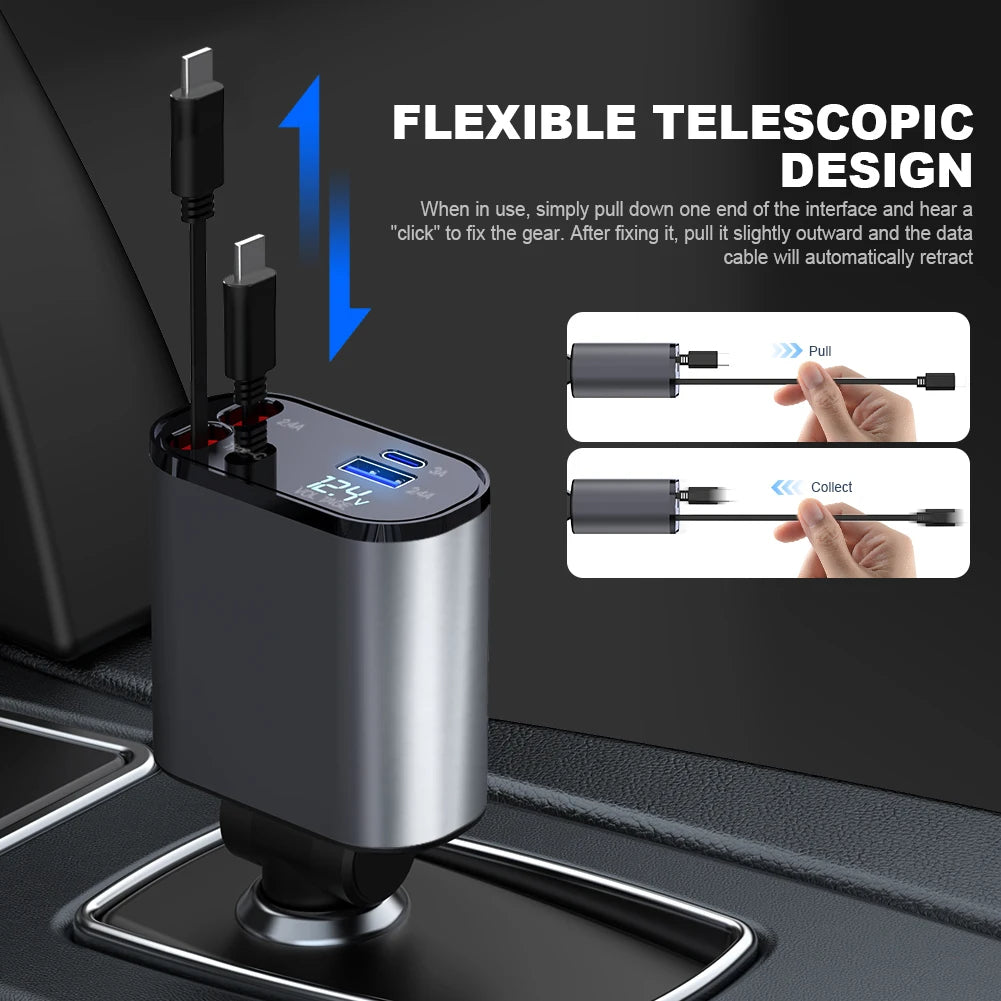 Flexible telescopic design of retractable car charger. Pull-to-lock mechanism ensures secure cable extension and automatic retraction.