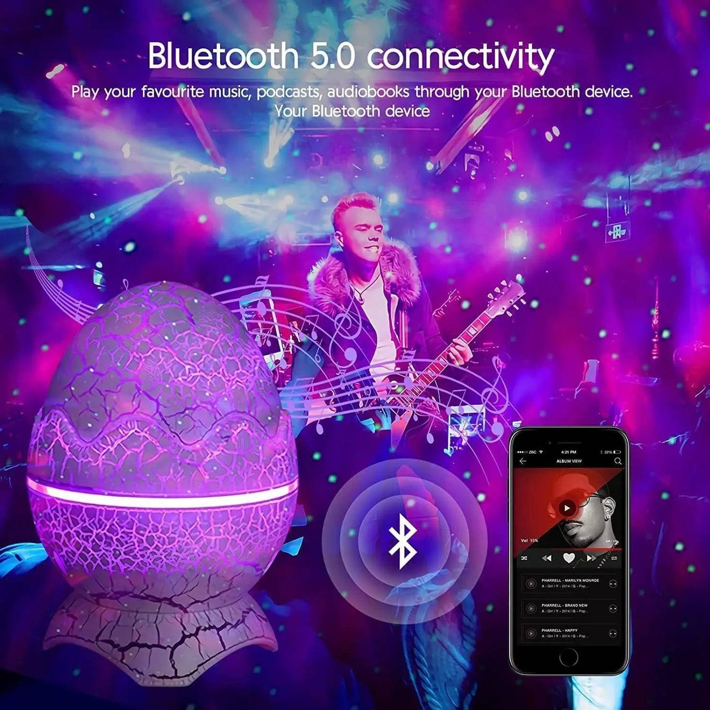 Dinosaur Egg Galaxy Projector demonstrating Bluetooth 5.0 connectivity with vibrant lighting effects, complemented by a musician in the background.