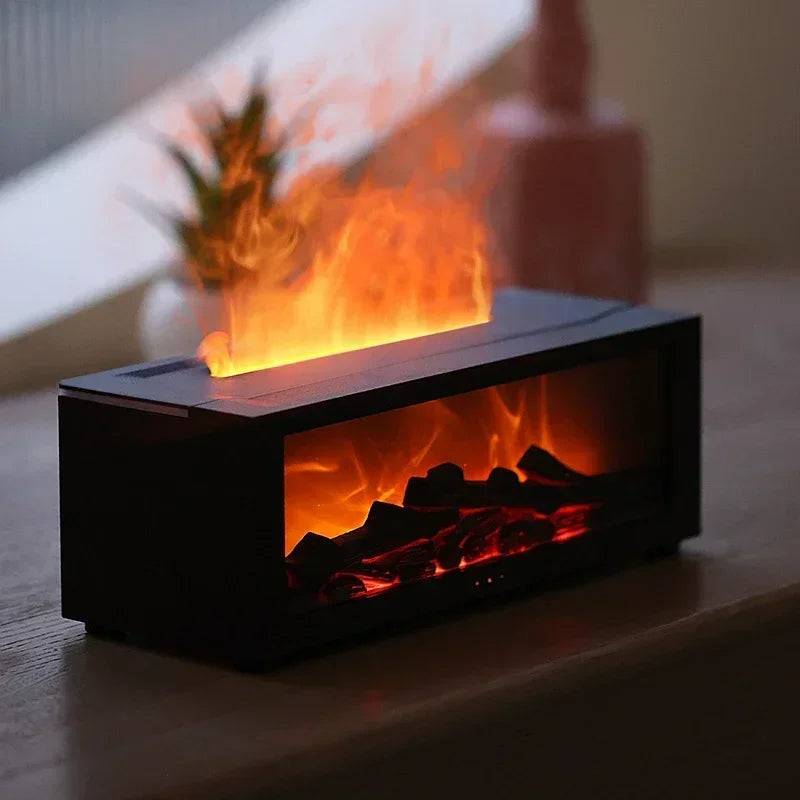 Close-up view of the Fireplace Humidifier showcasing flickering flames, placed on a wooden surface with a stylish aesthetic.