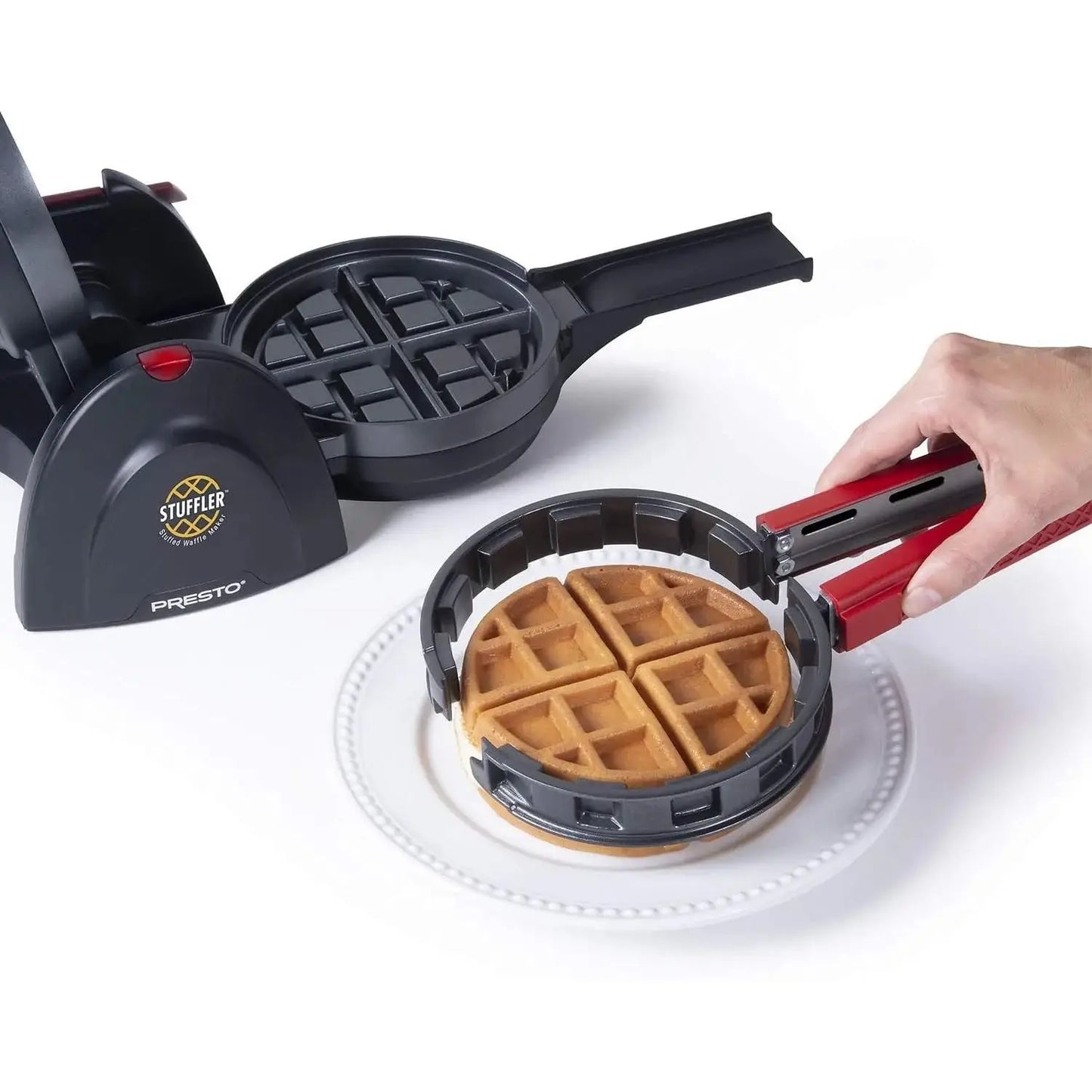 Demonstration of the Stuffed Waffle Maker by CozyTech Living, illustrating the easy removal of a freshly cooked waffle.