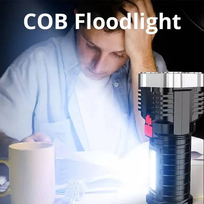 COB floodlight mode of high power LED flashlight, providing bright illumination for reading, camping, and emergency situations.