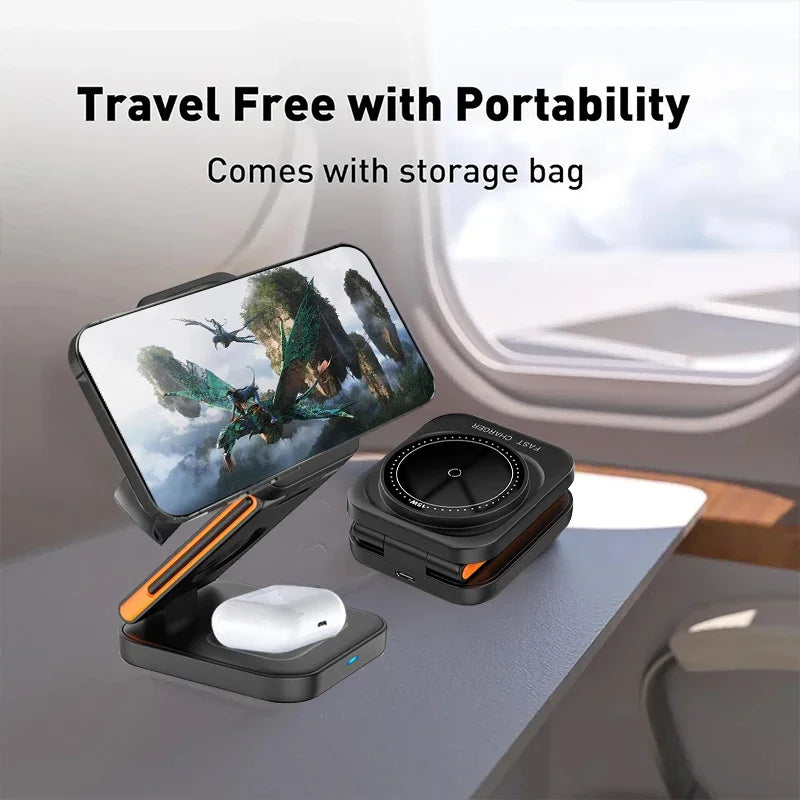 CozyTech Living 3 in 1 Foldable Charging Station with an iPhone and AirPods on an airplane table, promoting the portability of this 3 in 1 wireless charger.