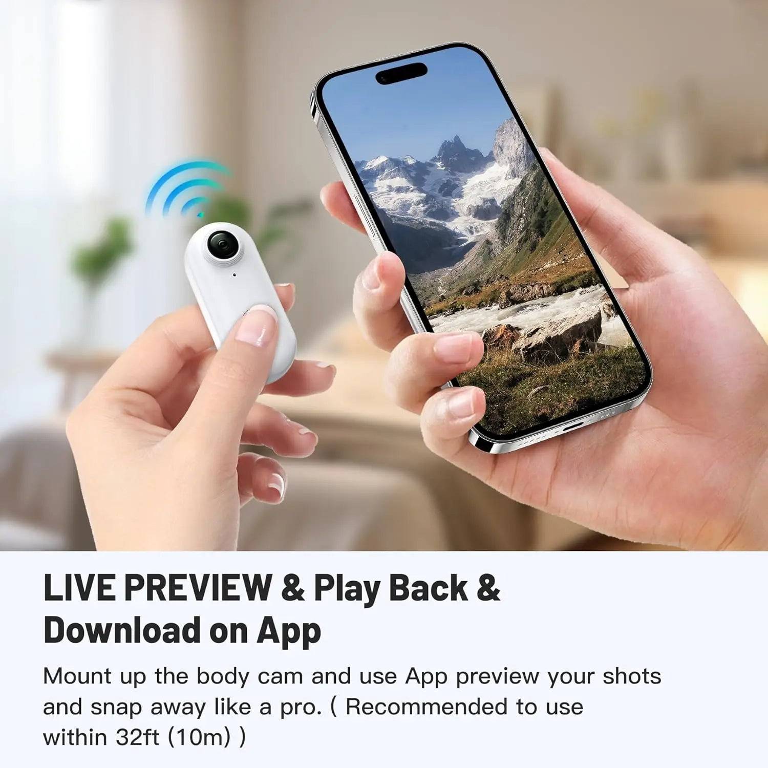 Mini body camera with live preview, playback, and app download functionality. Connect via Wi-Fi within 32ft (10m) for seamless video control.