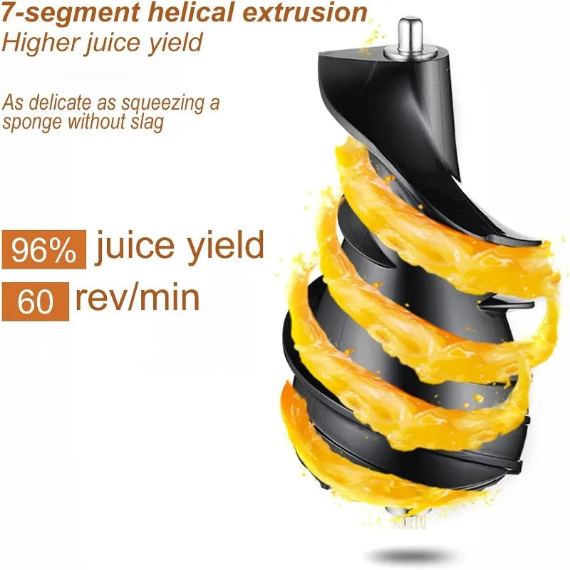 7-segment helical extrusion system in a masticating juicer, delivering 96% juice yield at 60 RPM. Efficient juice extraction with minimal waste.