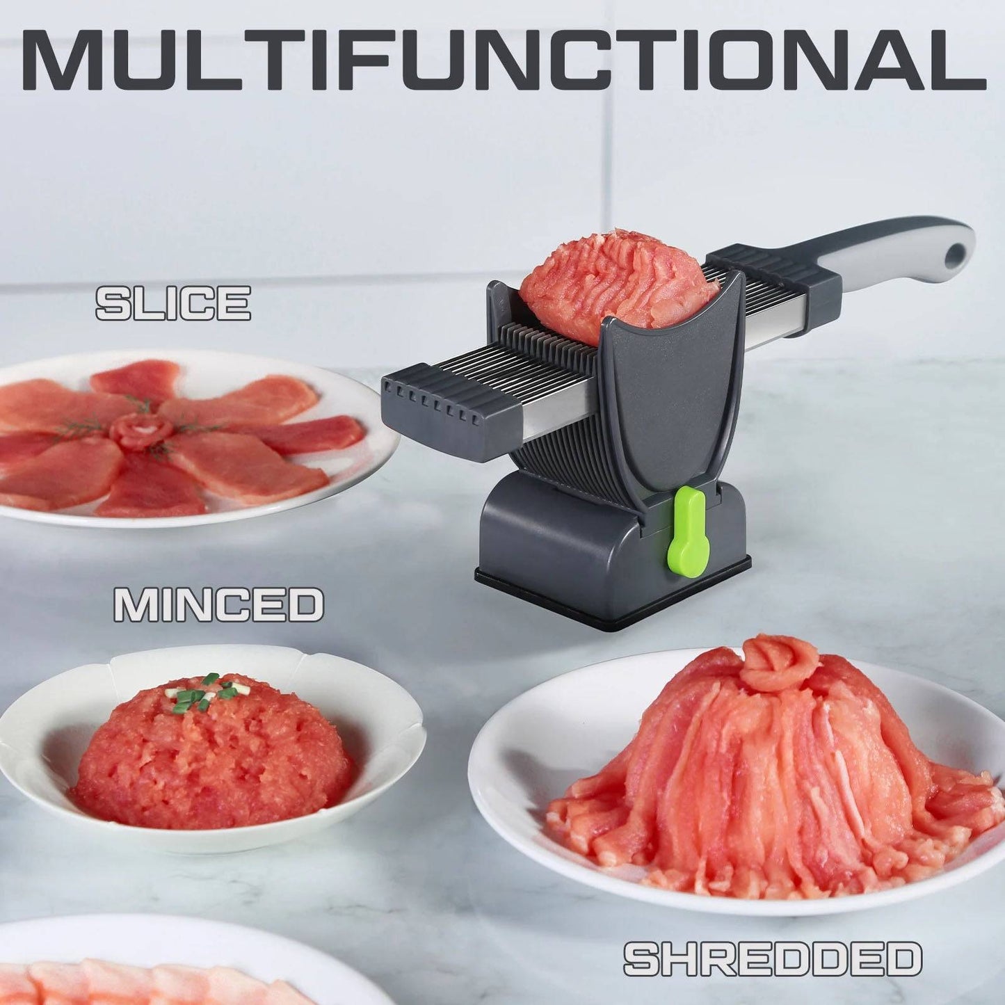 The Fresh Meat Slicer demonstrating its multifunctionality with sliced, minced, and shredded meat on plates. A versatile kitchen tool, this slicer enhances meat preparation with precision.