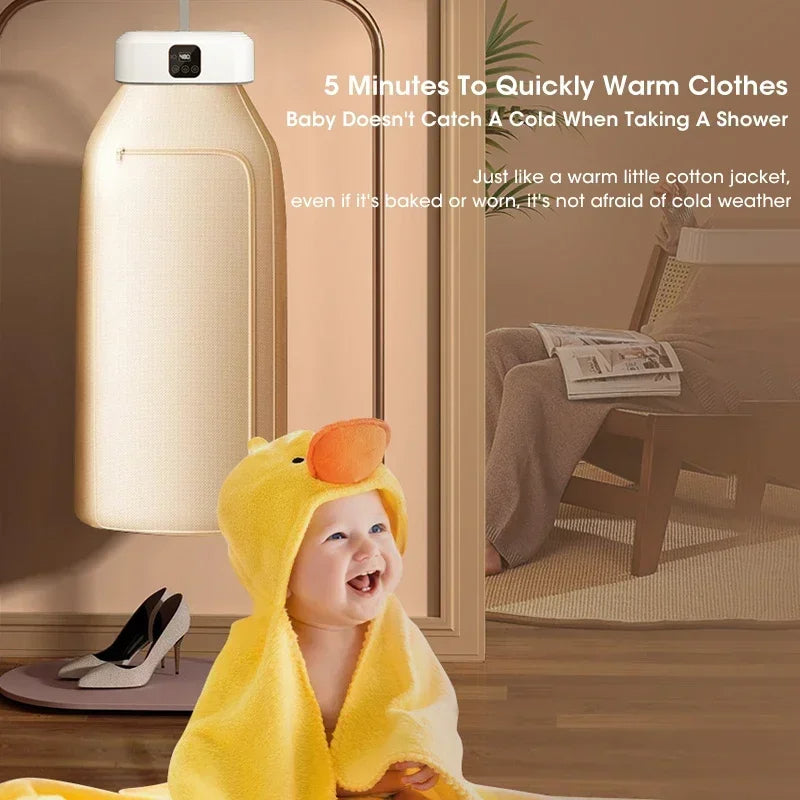 CozyTech Living Portable Clothes Dryer integrating child-friendly features, designed to quickly warm clothes, ideal for parents.