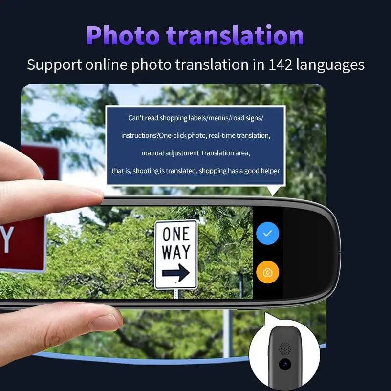 Language Translator Pen shown capturing a photo for translation, illustrating its photo translation feature in action.