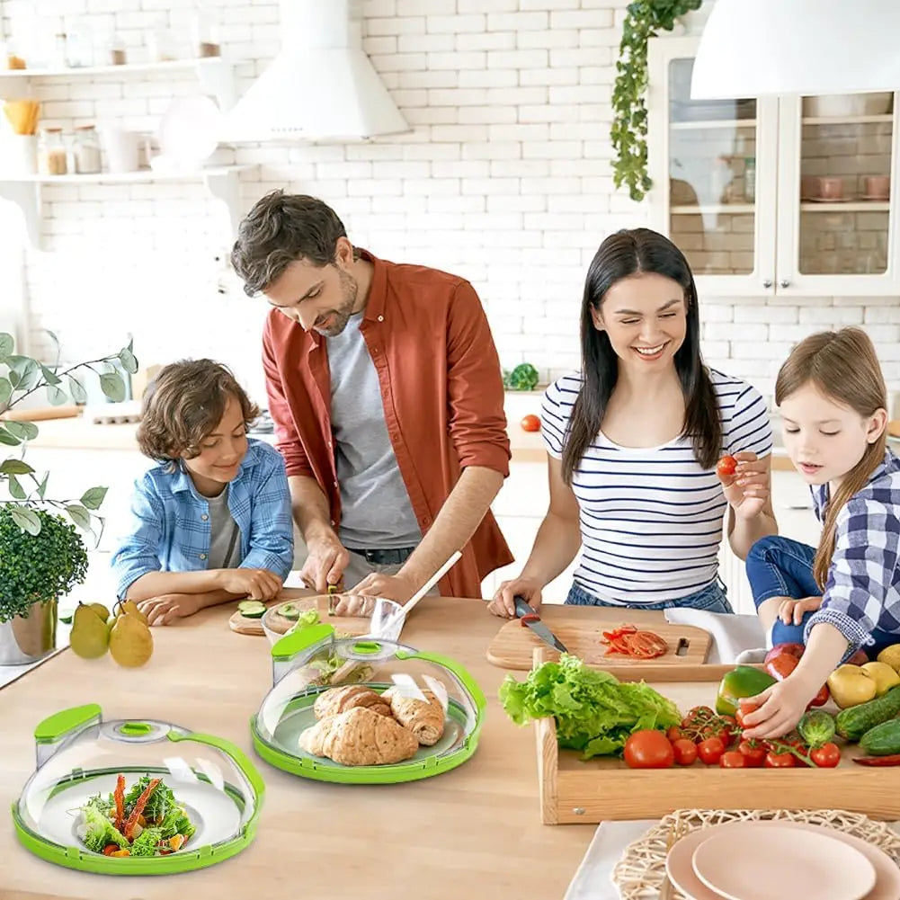 A family cooking together in the kitchen with the Microwave Food Cover on the counter, emphasizing the steam microwave cover's versatility and utility.