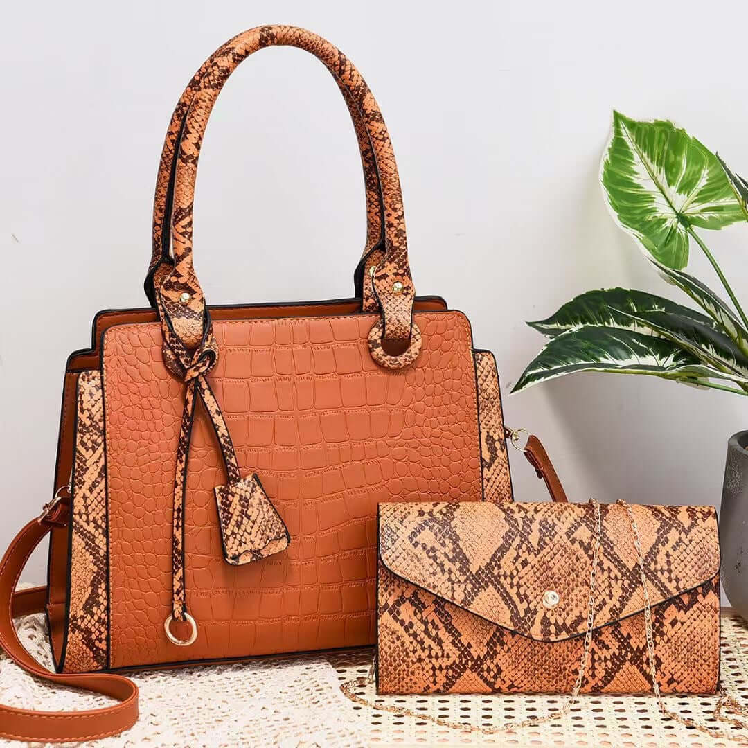 Stylish Serpentine Stitching Crossbody Bag - Fashionable Combination of Style and Function, featuring an orange handbag with a brown snakeskin wallet, an attractive option for a fashionable daily bag.