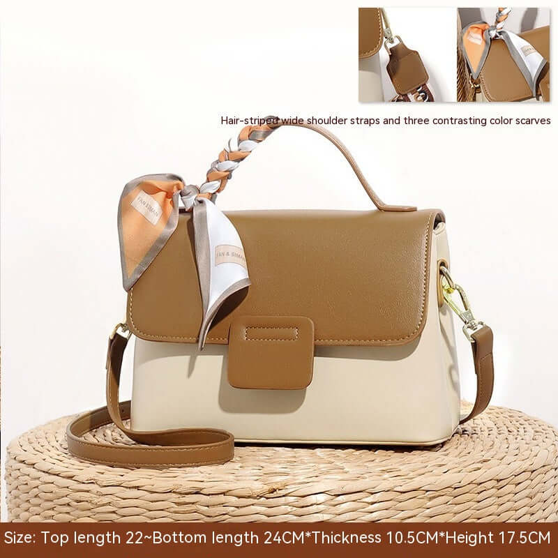 Women's Crossbody Bag High-grade Versatile Shoulder in dual-tone brown and cream with a decorative scarf, a perfect accessory for any outfit.
