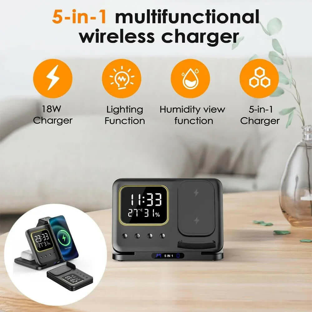 Eprolo 5-in-1 multifunctional wireless charger with humidity view and lighting function multi-device charging stand