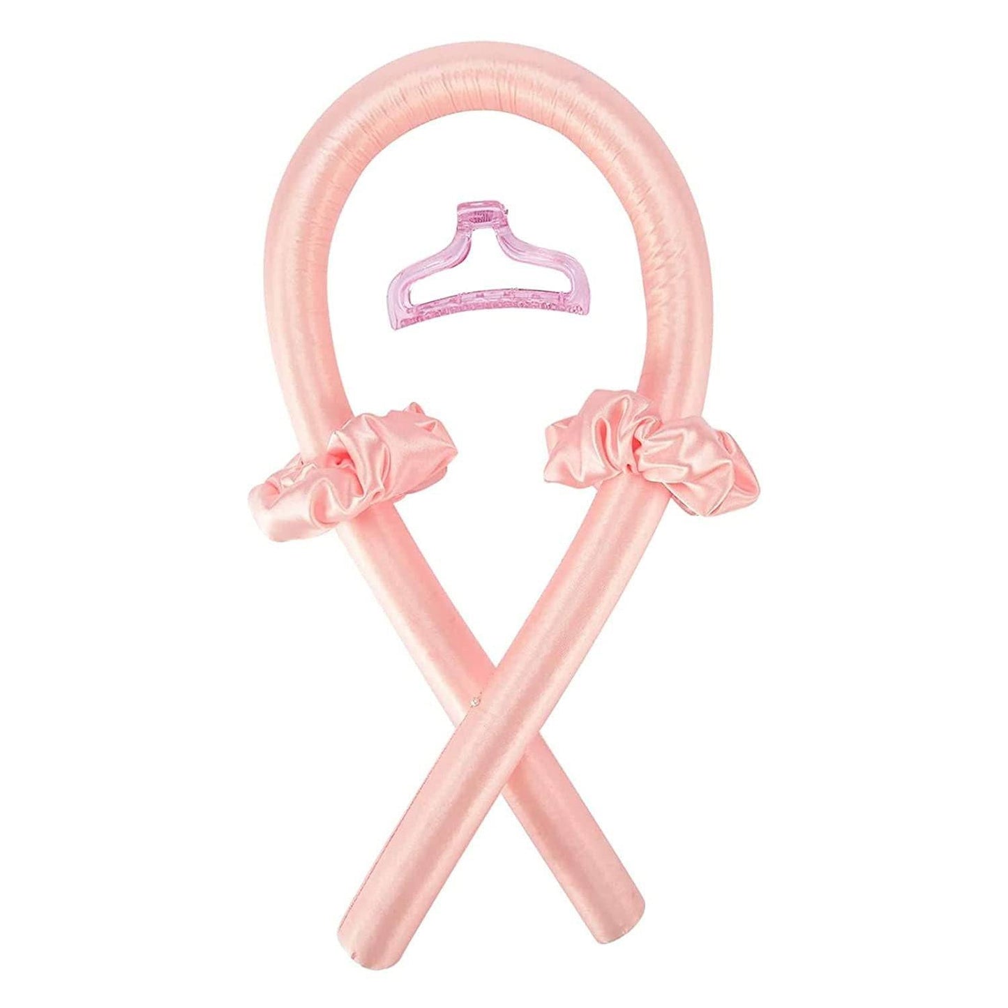 A pink Heatless Curling Rod Headband with matching accessories, designed for easy overnight styling. The headband offers a comfortable way to achieve beautiful curls without heat damage. Tags: beauty, curler, hair styler.