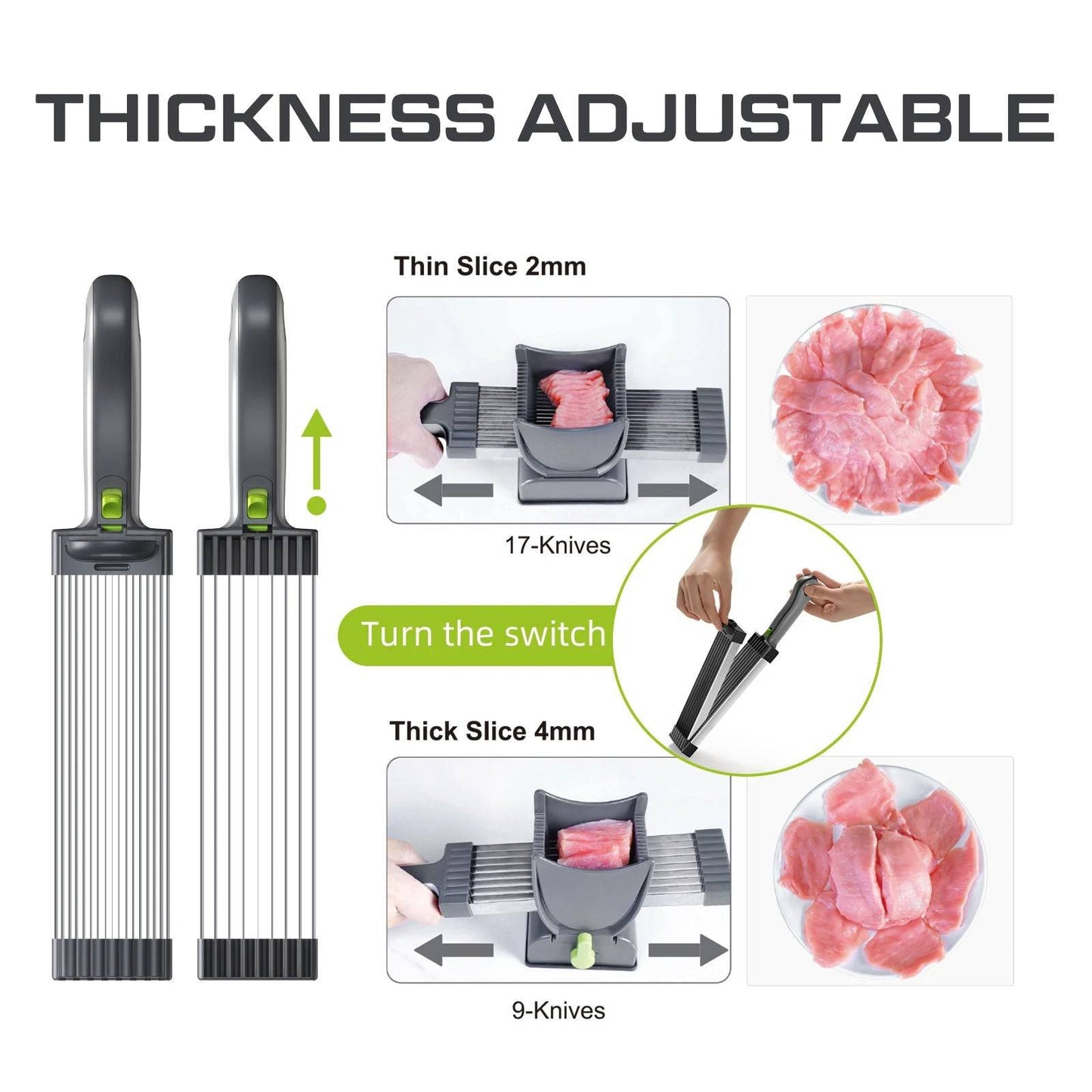 Visual guide for adjusting the thickness settings of the Fresh Meat Slicer, showcasing thin and thick slicing options. A must-have kitchen slicer that allows for tailored meat cuts.