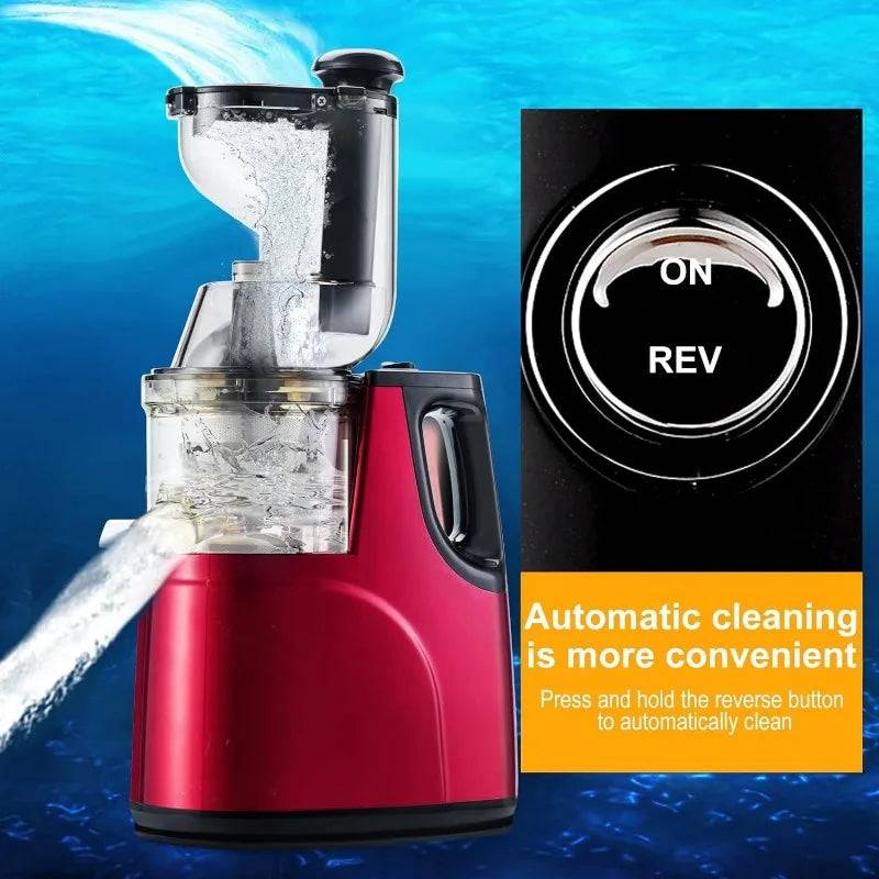 Automatic cleaning function of a cold press juicer with a reverse button for easy maintenance. Convenient self-cleaning for hassle-free juicing.