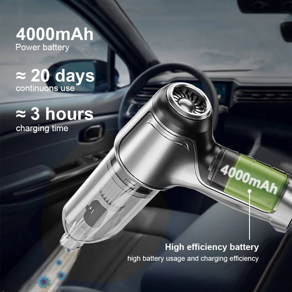 Portable Car Vacuum Cleaner & Blower with 4000mAh battery, offering 20 days of use and 3-hour fast charging for convenience.