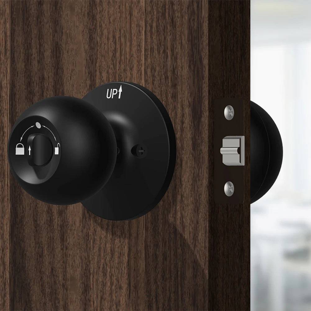 Smart Door Knob with manual lock mechanism on a wooden door. Combines traditional and modern security features for convenience.