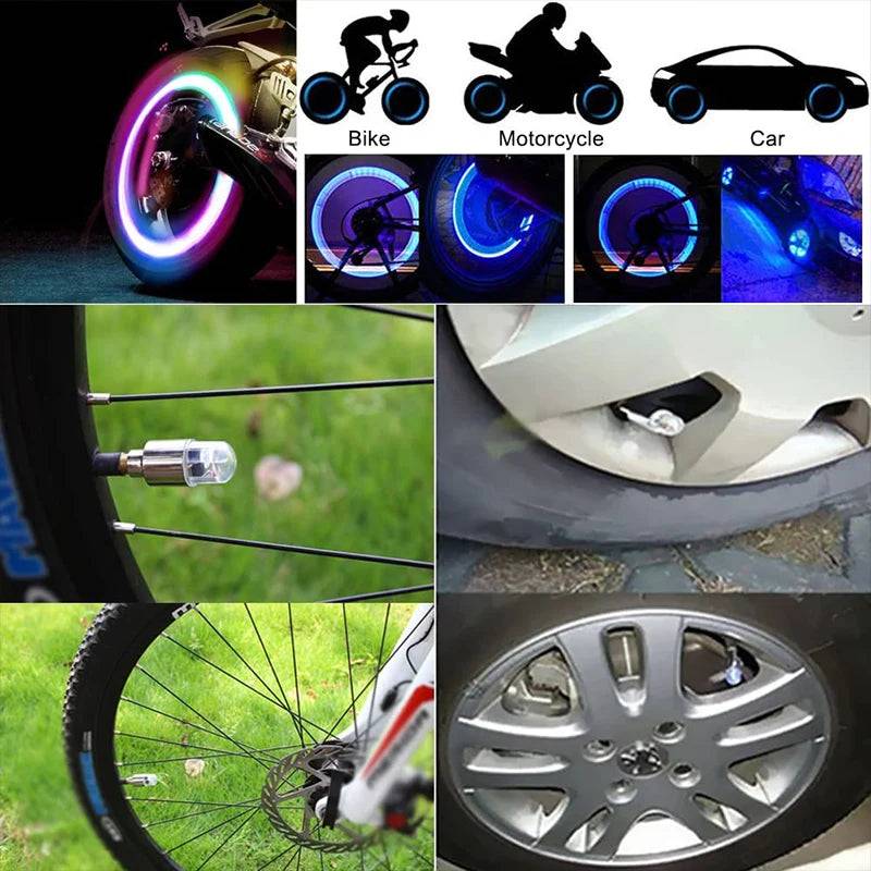 LED tire valve caps installed on bicycles, motorcycles, and cars. Waterproof and battery-powered for enhanced wheel visibility and decoration.