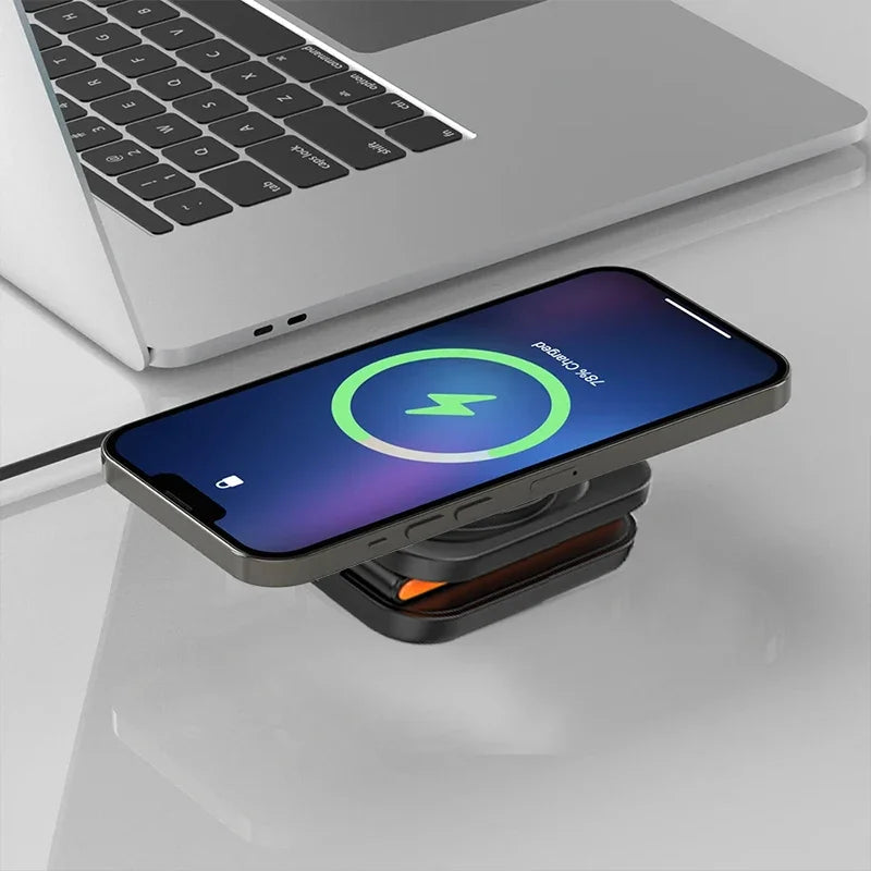 CozyTech Living 3 in 1 Foldable Charging Station demonstrating wireless charging with an iPhone, highlighting the efficiency of this 3 in 1 wireless charger.