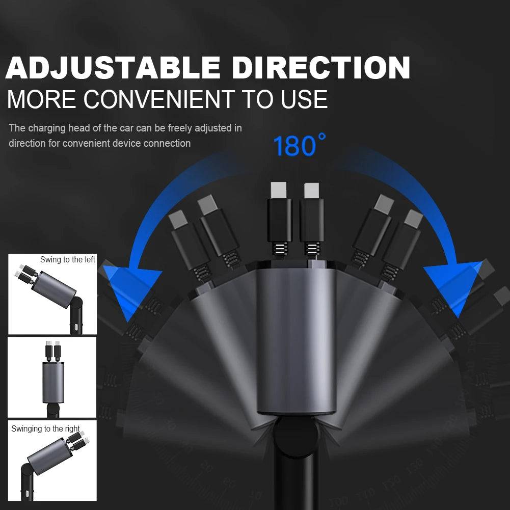 Adjustable direction retractable car charger with 180-degree rotation. Designed for convenient device connection while driving.