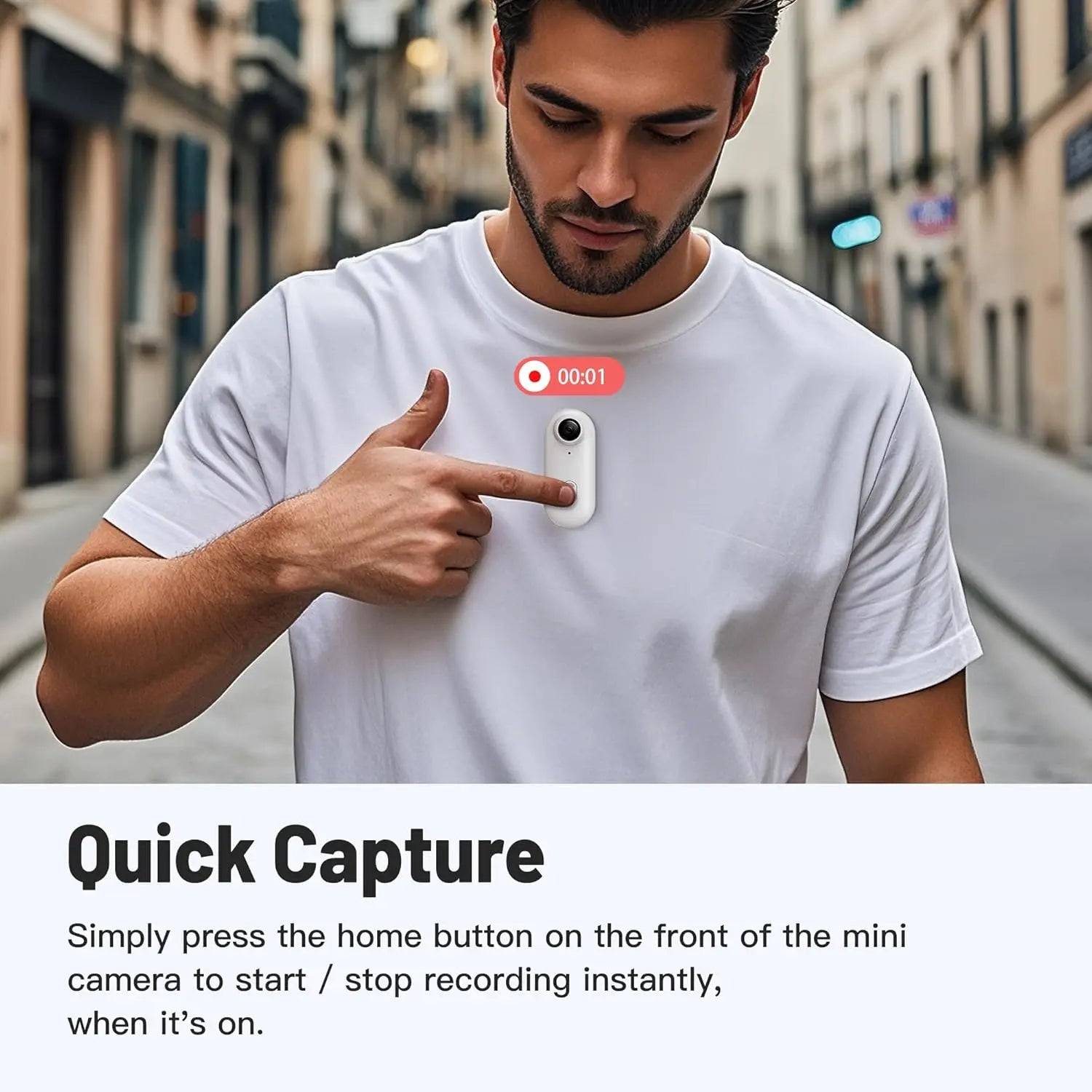 Quick capture POV camera with a one-button recording feature. Easily mount on clothing for instant video recording on the go.