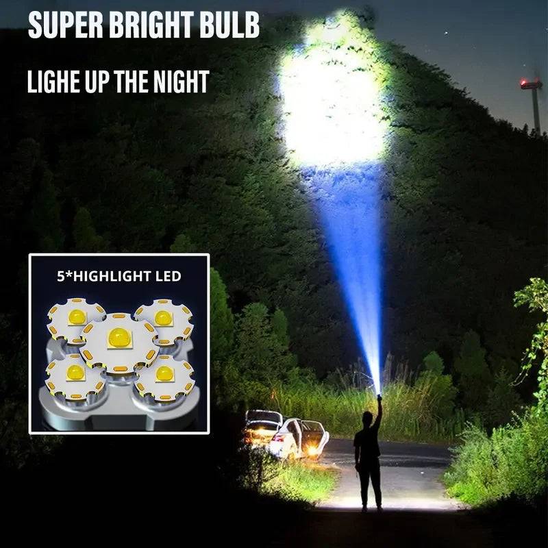 Super bright high power LED flashlight illuminating a dark outdoor area with a strong beam, ideal for hiking, camping, and emergencies.