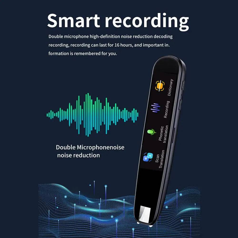 Close-up of the Language Translator Pen demonstrating its smart recording function with audio visualization.