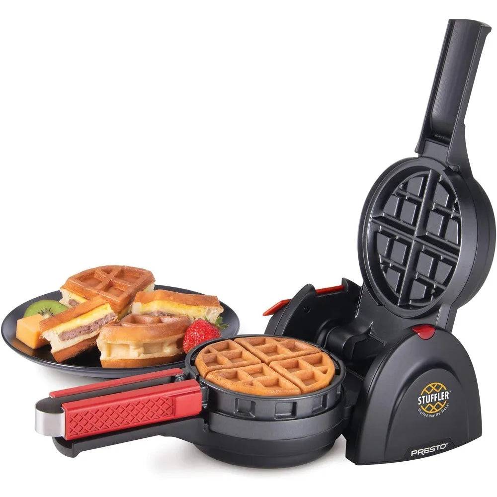 Stuffed Waffle Maker by CozyTech Living with savory waffles placed alongside, showcasing versatility in meal options.