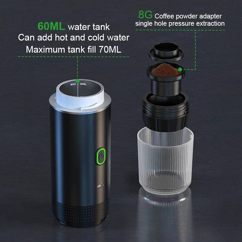 Detailed view of the Portable Coffee Maker by CozyTech Living, showing features like the water tank capacity and coffee powder adapter compatibility.