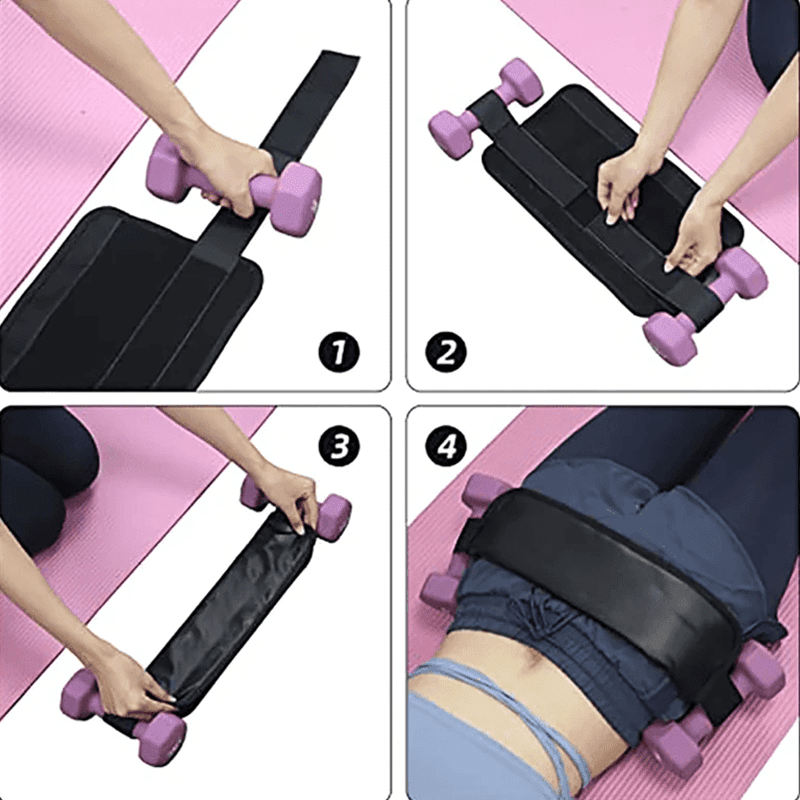 Step-by-step guide showing how to use the Hip Thrust Belt Glute Bridge Pad with dumbbells for effective exercise at home, emphasizing fitness and proper technique.