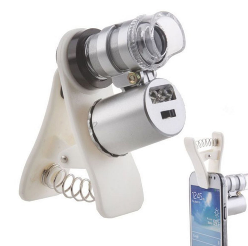 60X Magnifier Lens with LED Light demonstrating its attachment to a smartphone, ideal for mobile photography and detailed inspections.