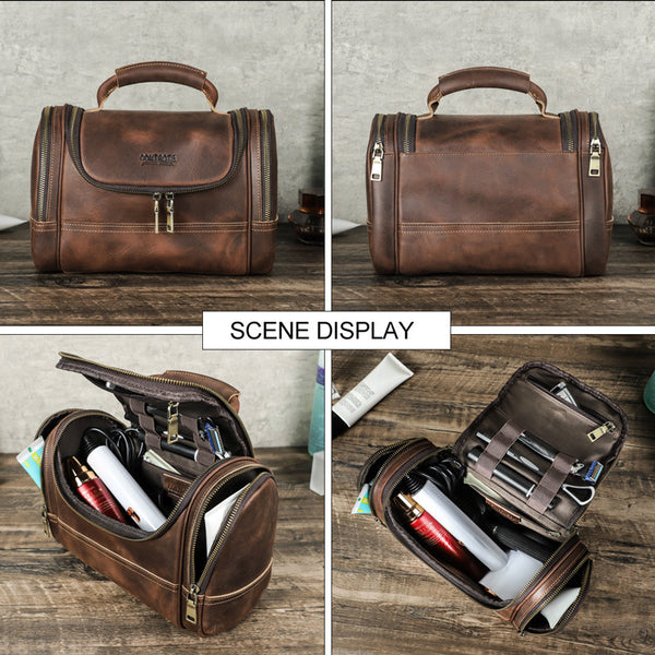 Scene display of the Vintage Cowhide Multi-Training Bag with multiple angles, highlighting the spacious interior and organization, an ideal vintage cowhide bag for women.
