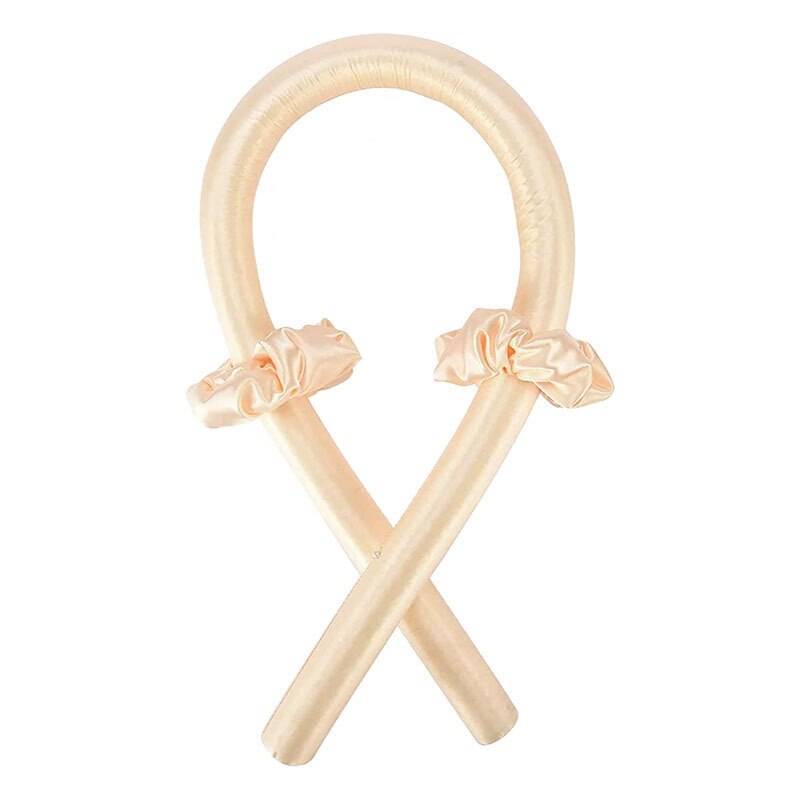 Cream-colored Heatless Curling Rod Headband with scrunchies for added grip, perfect for achieving curls overnight. A gentle beauty tool, offering a heat-free styling solution. Tags: beauty, curler, hair styler.