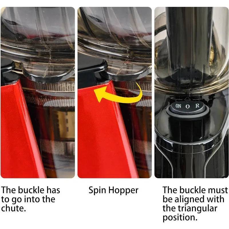 Assembly guide for a masticating juicer showing proper buckle alignment and spin hopper setup. Ensures secure and efficient juicer operation.