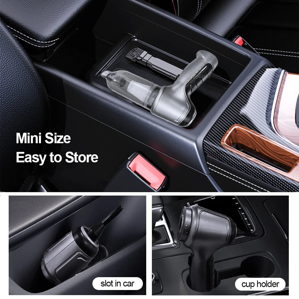 Compact Car Vacuum Cleaner & Blower designed for easy storage in car compartments, cup holders, and slots.