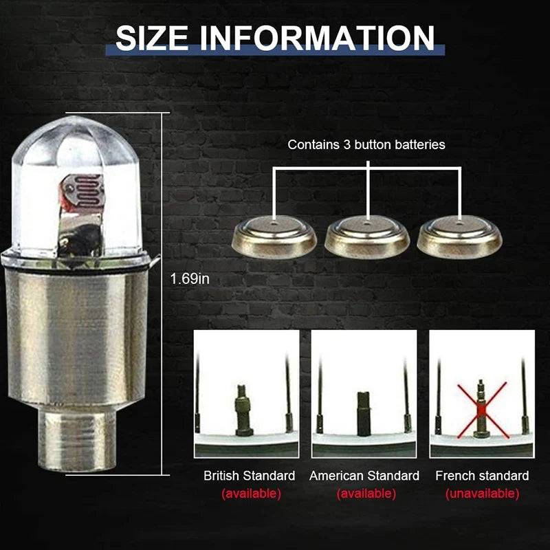 Size information of LED tire valve caps with battery details. Compatible with British and American standard valves, not suitable for French valves.