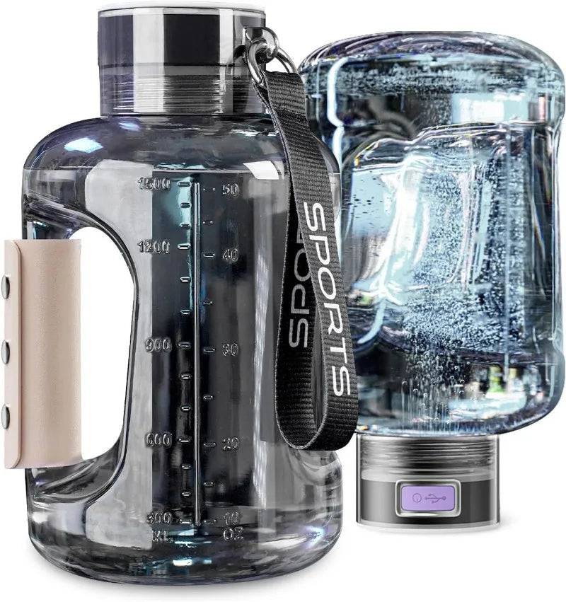 1.5L hydrogen water bottle with a sleek black design, sports strap, and advanced hydrogen infusion technology for optimal hydration.