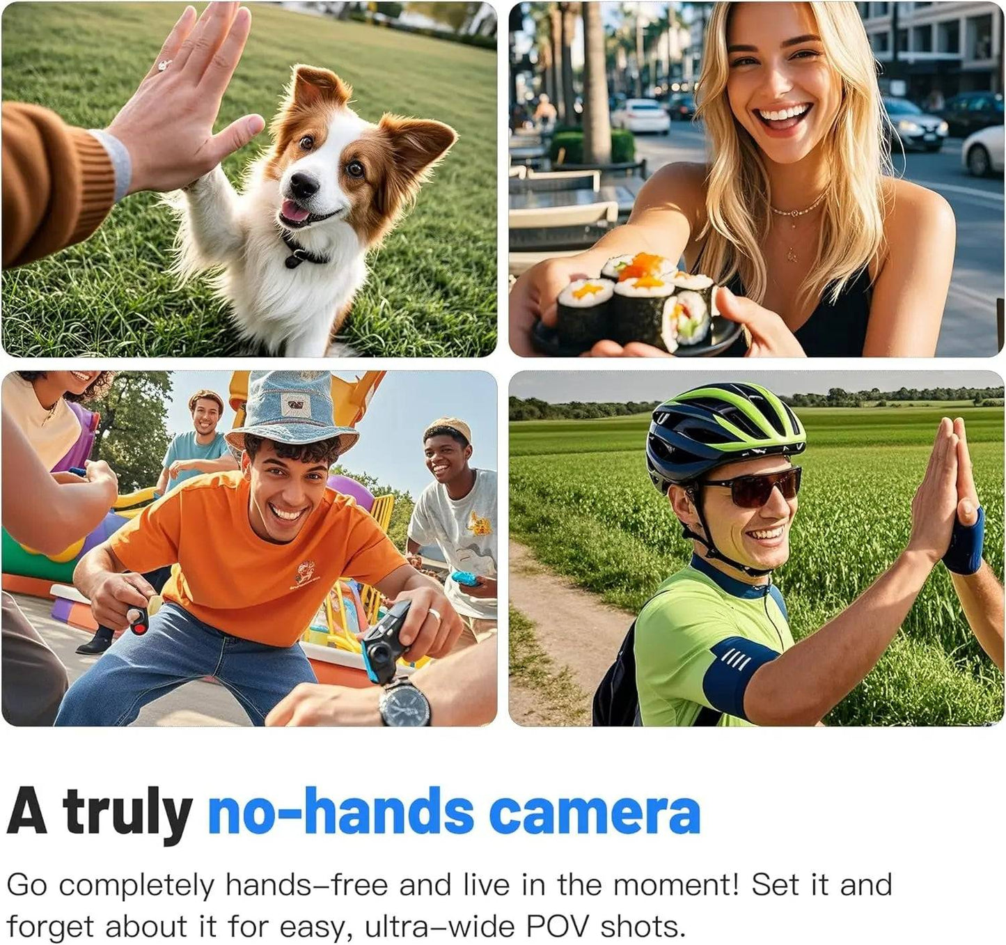 Hands-free POV camera capturing ultra-wide shots in various activities like cycling, social events, and pet interactions. Designed for immersive first-person footage.