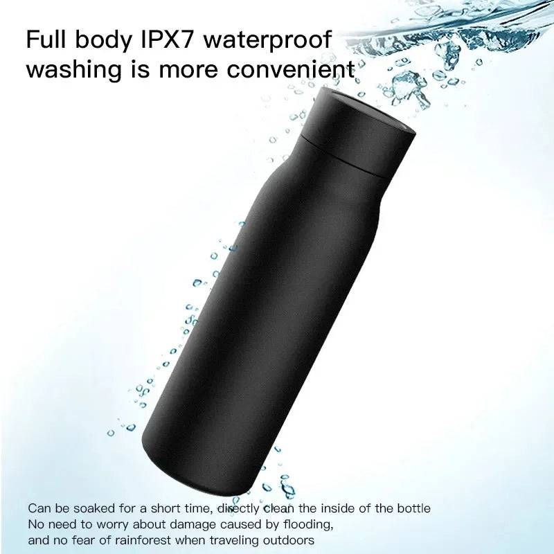 Smart Tuya Water Bottle submerged in water, emphasizing its IPX7 waterproof feature for easy cleaning and durability.