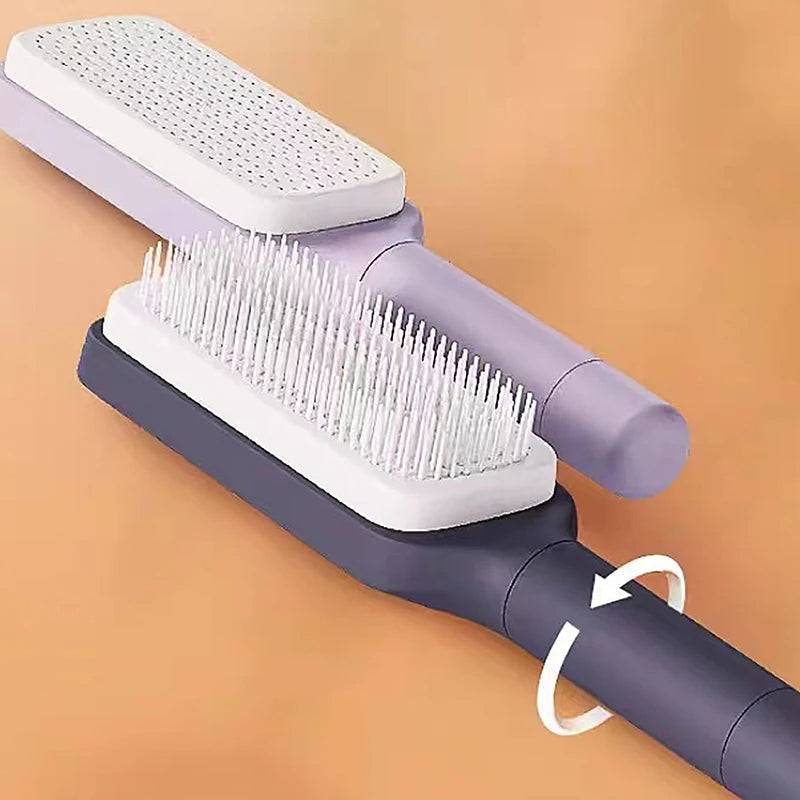 Functional demonstration of the Self-Cleaning Brush by CozyTech Living, outlining its unique designs and brush heads in a visually appealing layout.