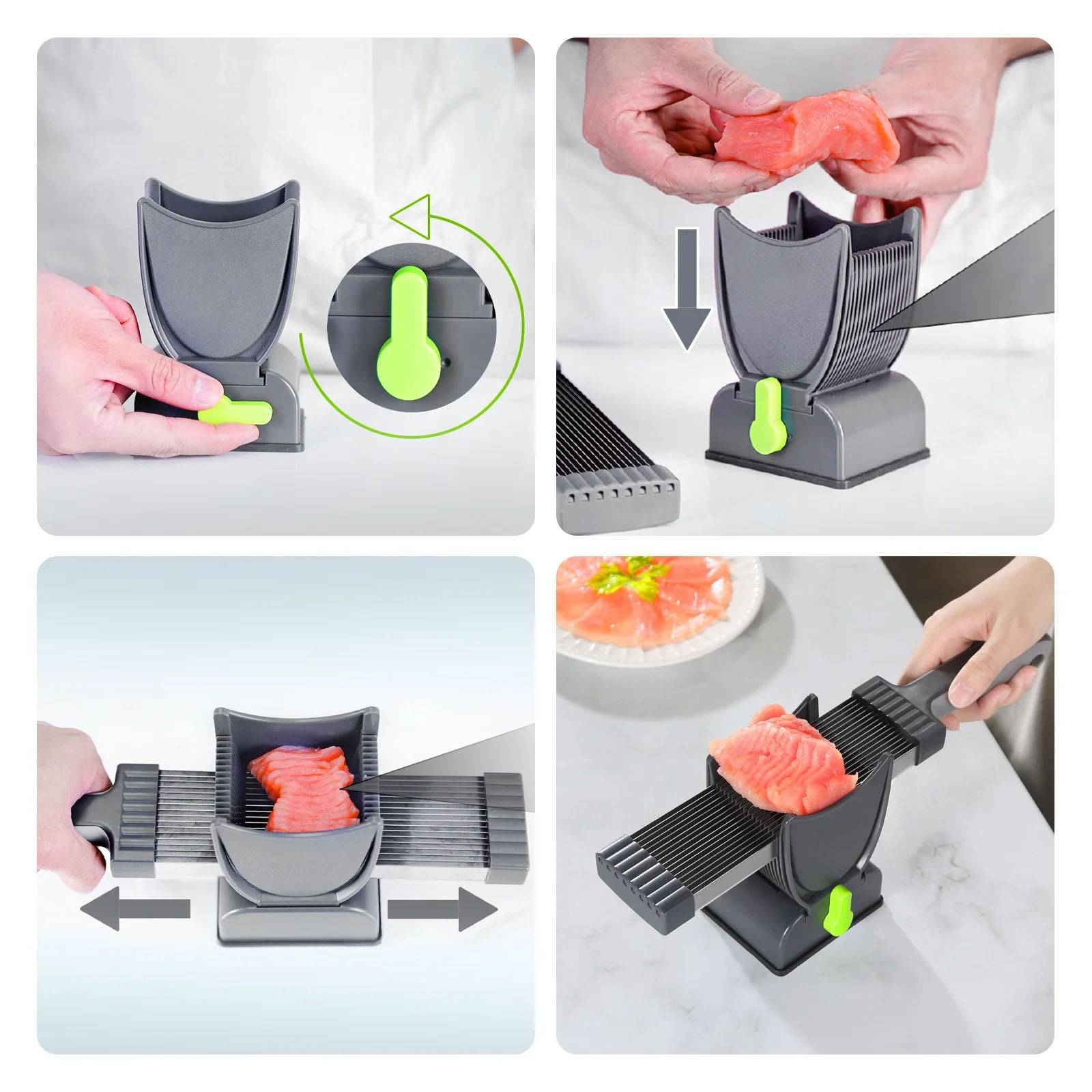 Step-by-step instructions on using the Fresh Meat Slicer, highlighting its ease of use. This kitchen tool is perfect for effectively slicing meat with a sharp knife slicer.