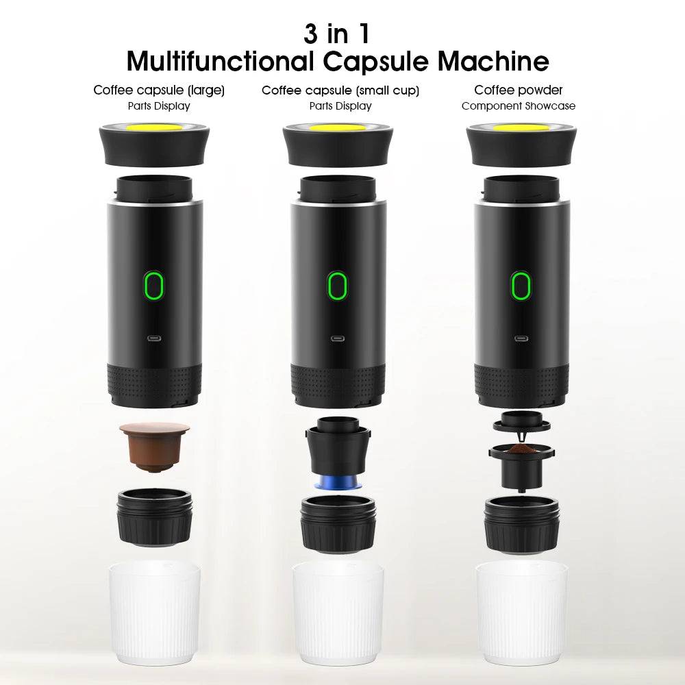 Multifunctional components of the Portable Coffee Maker from CozyTech Living, demonstrating its versatility with different coffee capsule options.