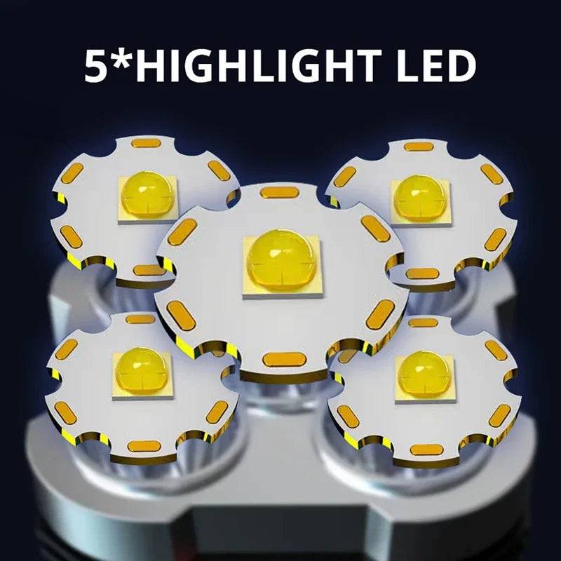 Close-up of five high-intensity LED bulbs in the flashlight, ensuring maximum brightness and long-lasting performance for outdoor adventures.