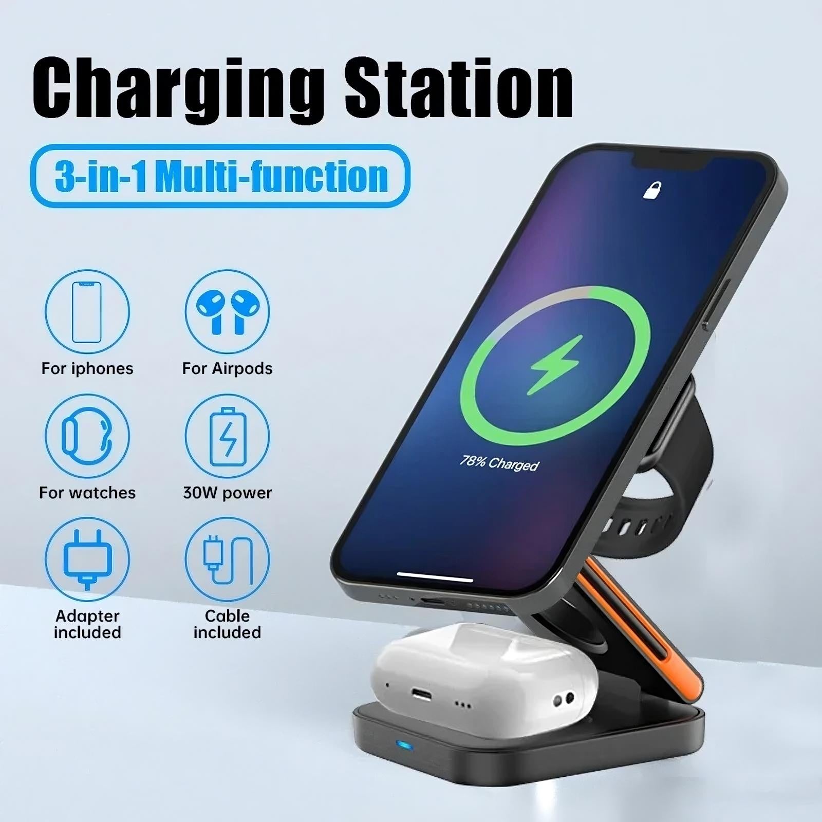 CozyTech Living 3 in 1 Foldable Charging Station showcasing an iPhone charging with progress indicator, a feature of this efficient 3 in 1 wireless charger.