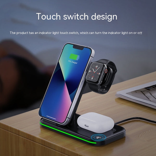 Wireless Multifunctional Foldable Fast Charger showcasing a touch switch design for easy operation. Features an indicator light and simultaneous charging for mobile phone and smartwatch.